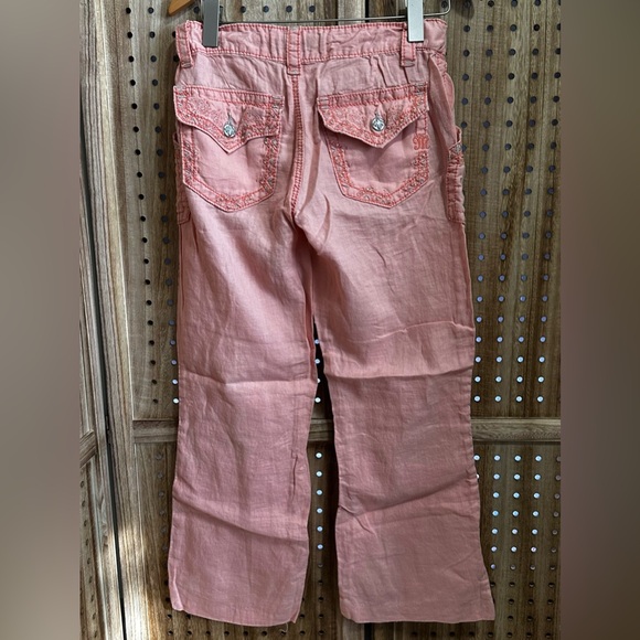 EUC MISS ME Peach Linen Cargo Drawstring Wide Leg Silver Embroidered Pants - Picture 3 of 4